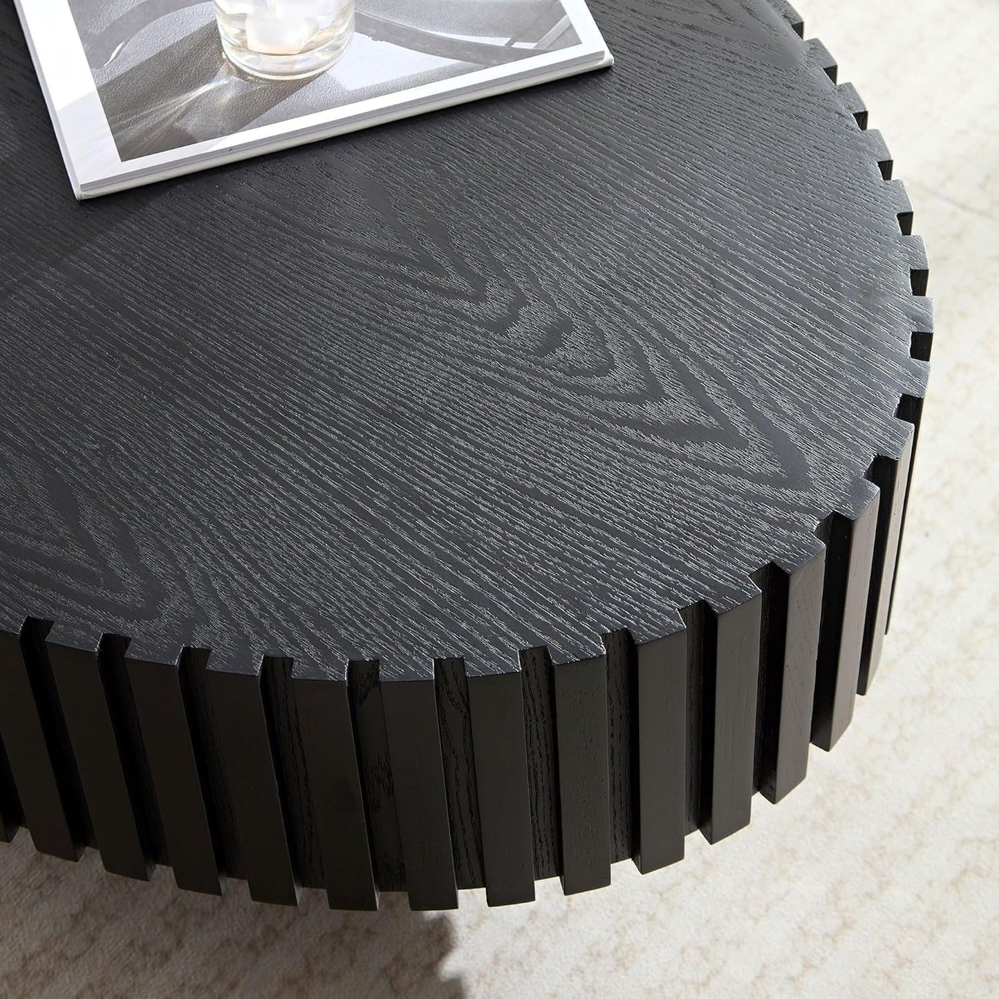 Handmade Oval Grooved Drum-Shaped Coffee Table (C Black 43in) | Rustic Modern Circular Centerpiece for Living Room & Farmhouse Decor, Easy to Clean