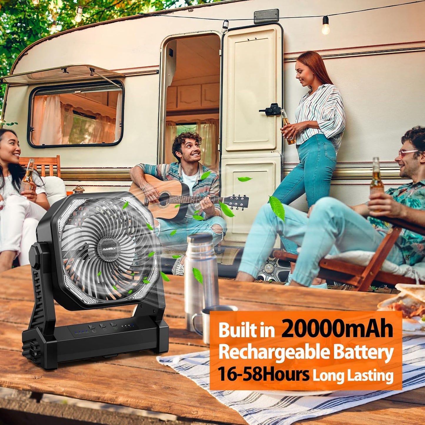 20000mAh Battery Powered Camping Fan, 58Hrs Rechargeable Portable Fan, 400LM Light, 360° Hook, Whisper Quiet Battery Operated Fan for Outdoor Car Travel Gear Essentials Power Outages Co-brand AMACOOL