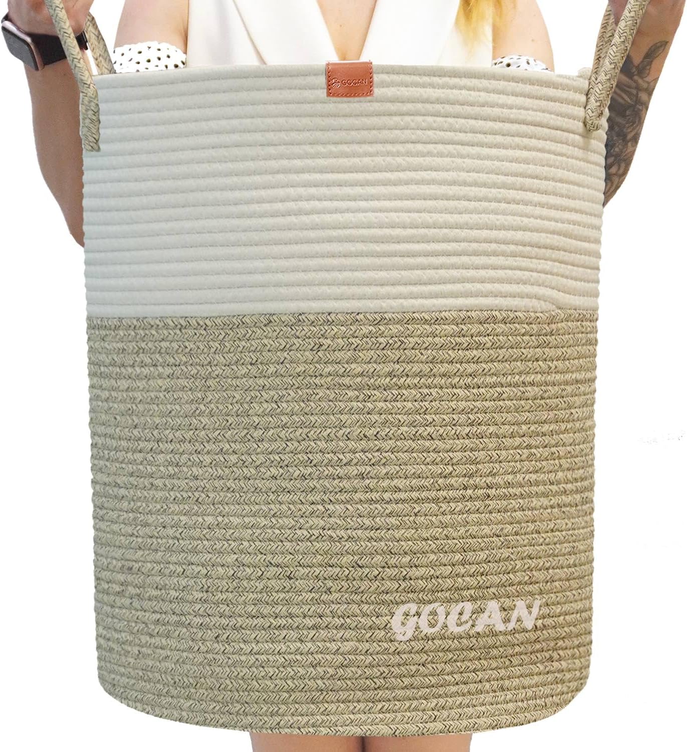 Cotton Rope Woven Laundry Basket 22"X 22"X 14" with handles(Gery) XXXL | Hand-woven, ideal for storing blankets and cushions in the living room, and clothes for household storage.