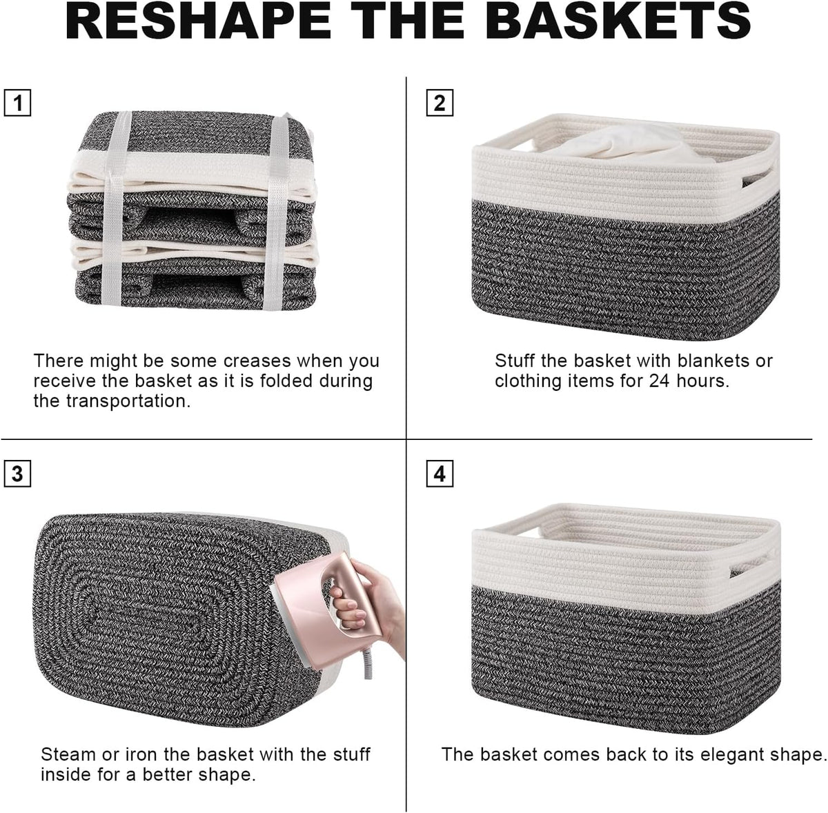 4 Pack Storage Baskets for Organizing, Woven Baskets for Shelves - Perfect for Toys, Books, Towels, and Clothes, Durable Gift Basket Bins Toy Storage, 12.7''Lx9''Wx7.8''H, Black & White