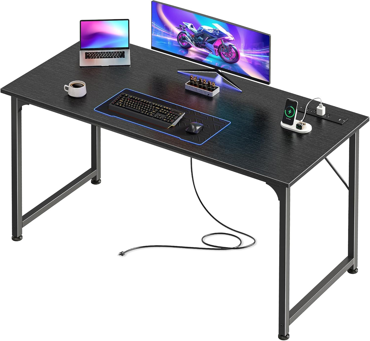 PRAISUN 47 X 20 Inch Office Computer Desk with Power Outlets and USB-C Port, Larger Gaming Desk, for Home Office, Study, Bedroom, Writing Work from Home Table, Metal Frame, Black