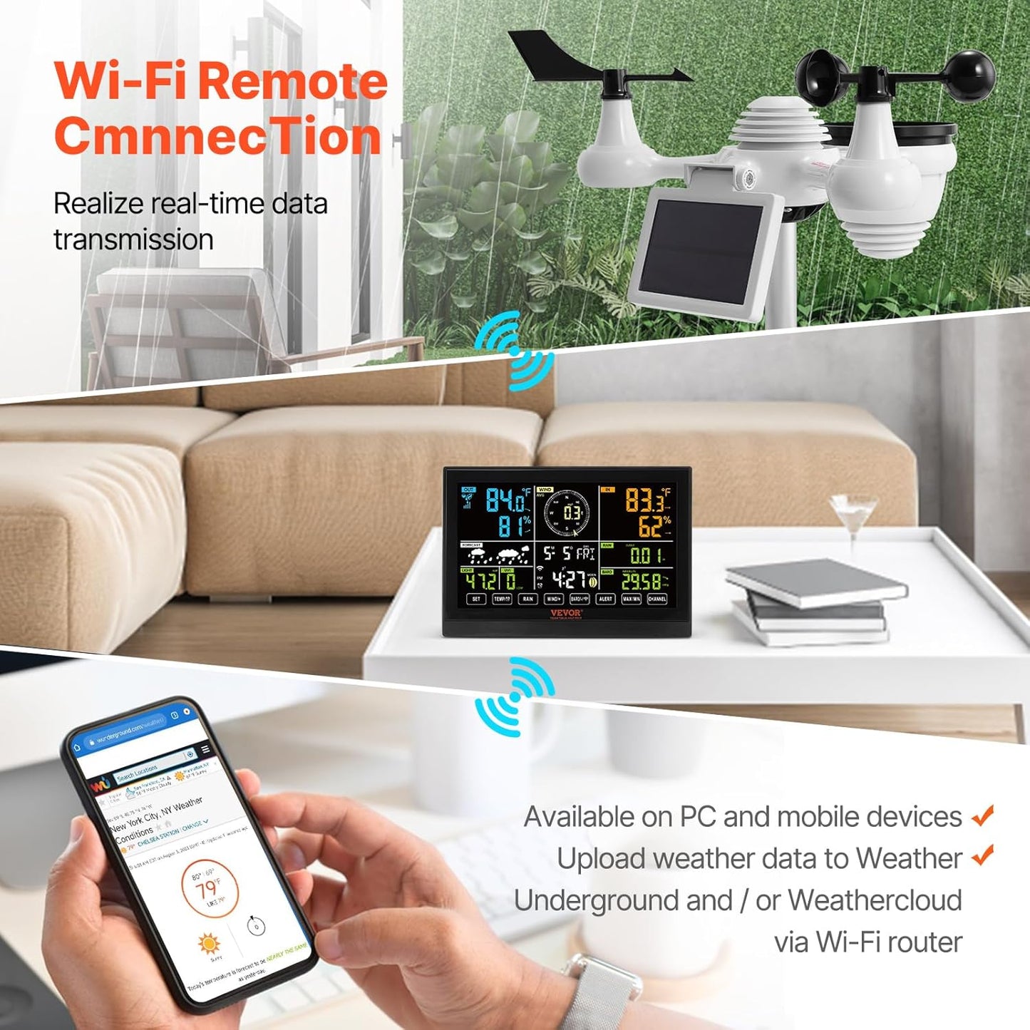 VEVOR YT60234 WiFi Weather Station 7-in-1, Weather Stations WiFi Indoor Outdoor, 7.5" Color Display for Weather Forecast, Temperature, Humidity, UV, Air Pressure, Wind Speed&Direction, Rain, Alarm
