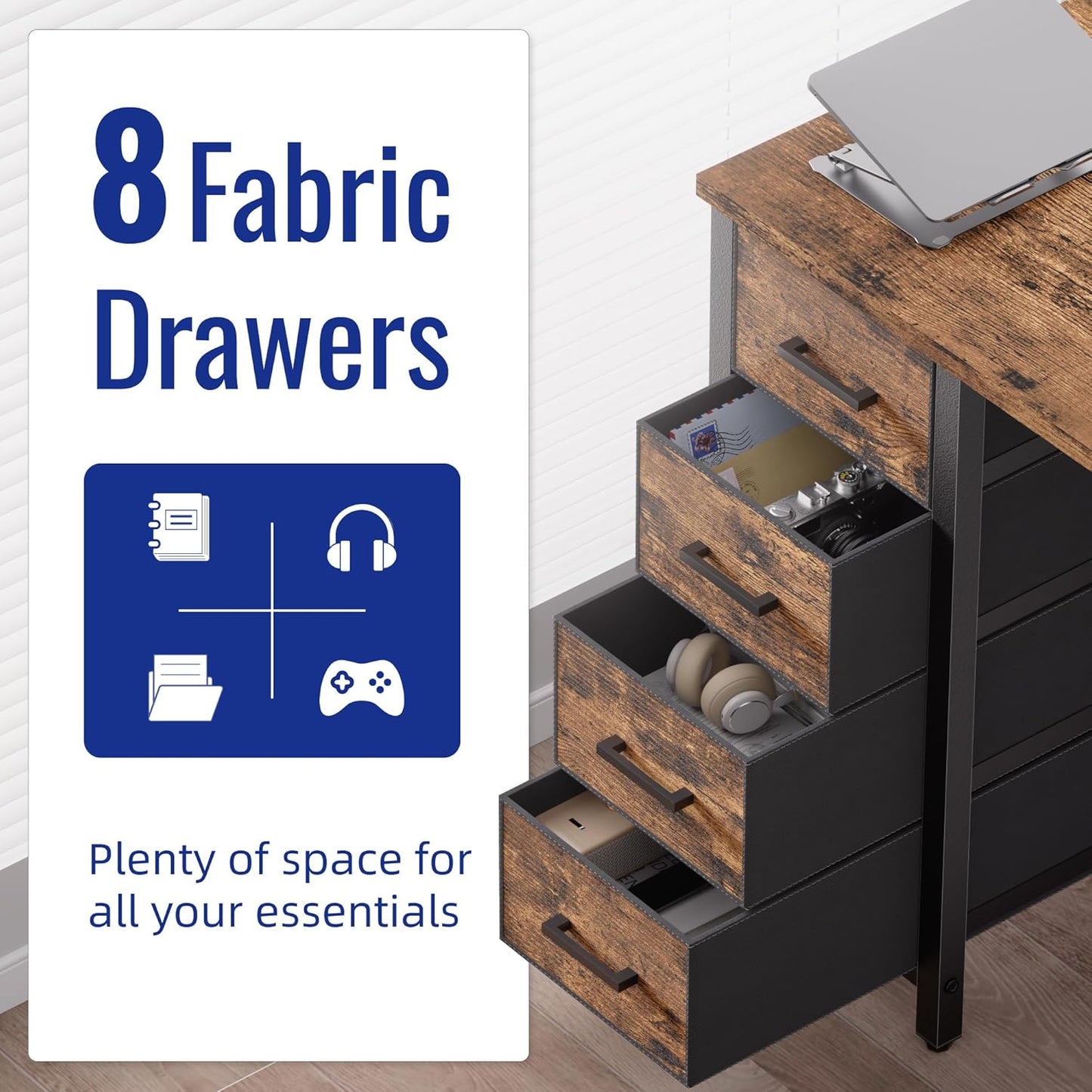 Pamray 47 Inch Computer Desk with 8 Fabric Drawers PC Gaming Desk Home Office Study Work Writing Table for Bedroom Vintage