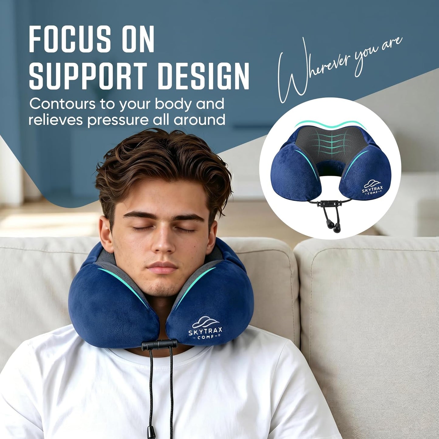 Travel Pillow with Extra Large Hood for Airplane Long Flights Privacy and Comfort Memory Foam with Velvet Cover for Road Trip Head&Neck Support for Plane Office Cars Sleeping & Rest (Navy Blue)