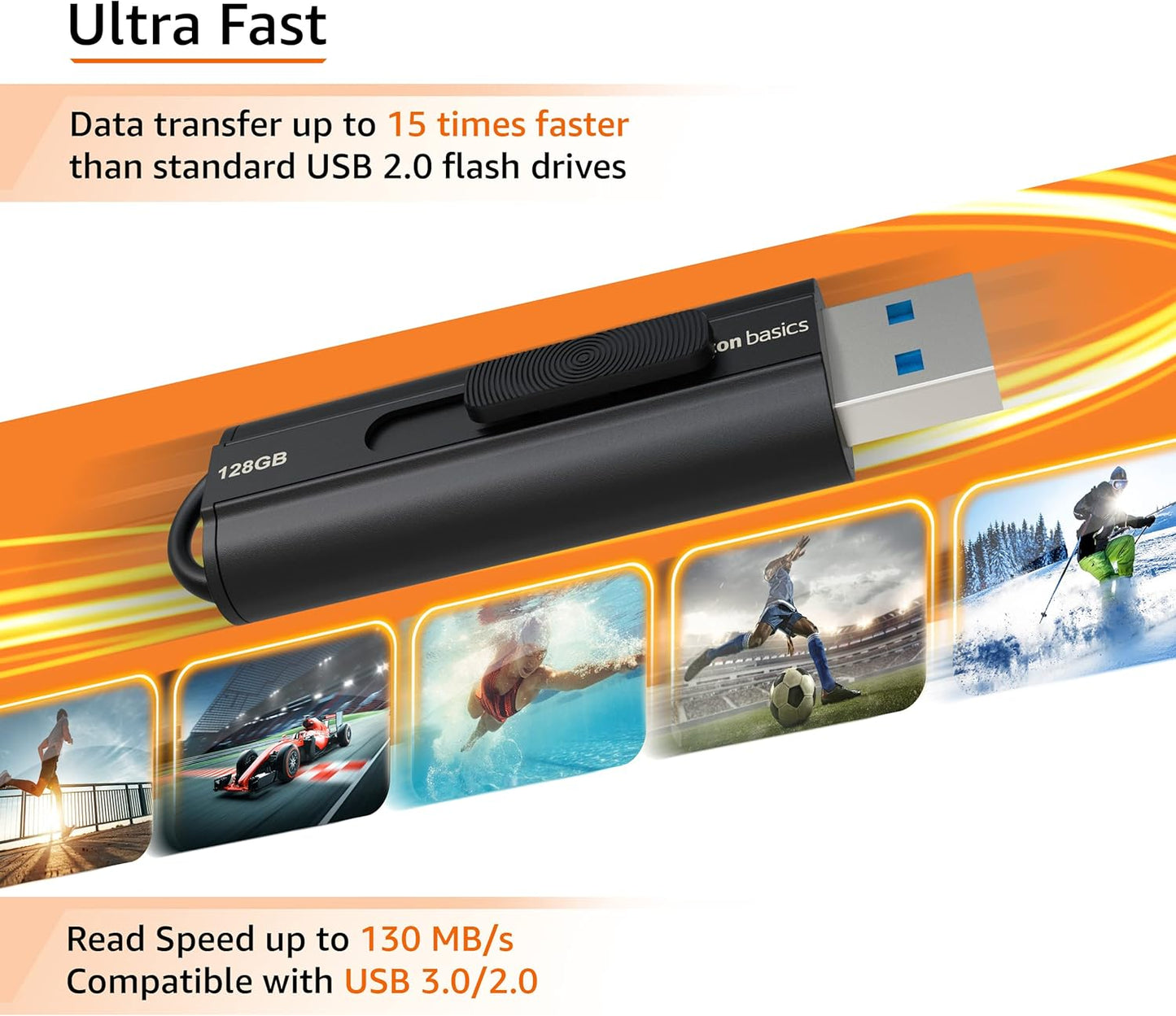Amazon Basics 128 GB Ultra Fast USB 3.1 Flash Drive, Retractable, High-Speed Data Transfer Storage Device, Black