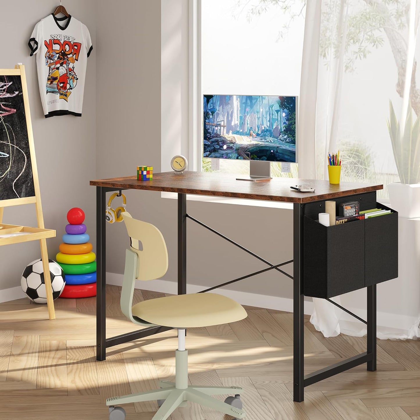 OLIXIS Computer Desk 40 Inch Home Office Desks for Small Spaces, Gaming Writing Study Work Table with Storage Bag and Headphone Hook for Bedroom, Rustic Brown
