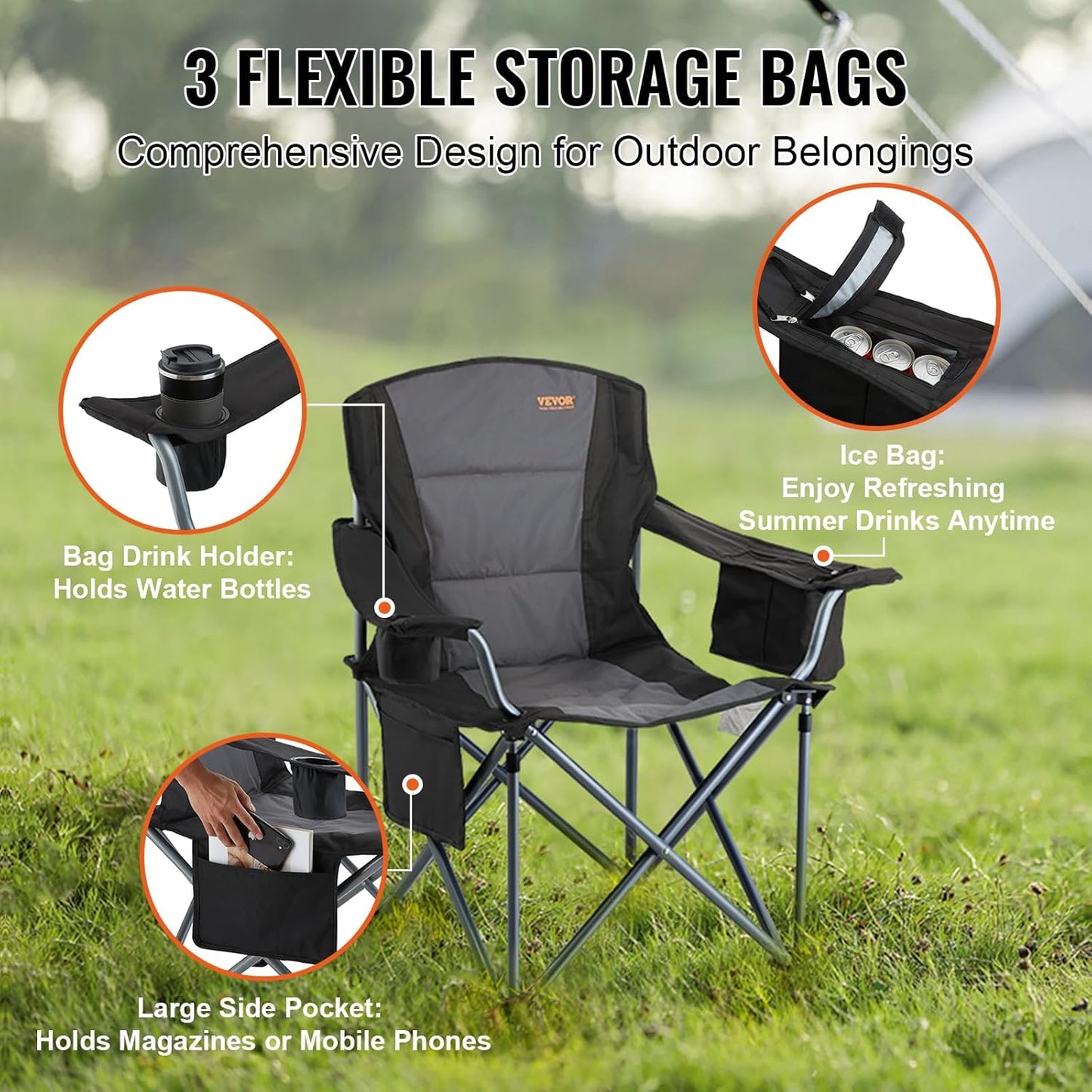 VEVOR Oversized Camping Folding Chair, Portable Heavy Duty Outdoor Quad Lumbar Back Padded with Side Pockets, Cup Holder and Cooler Bag for Beach, Lawn, Picnic, Fishing, Backpacking, Black