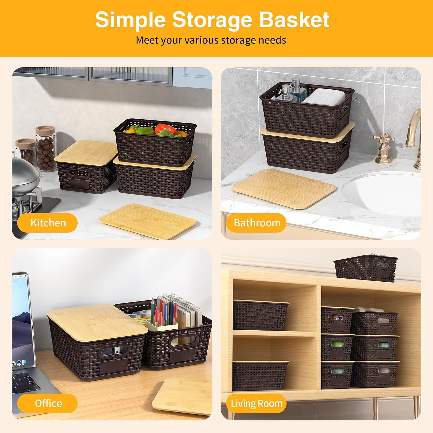 6 Pack Plastic Storage Baskets,Brown bamboo lid storage Box