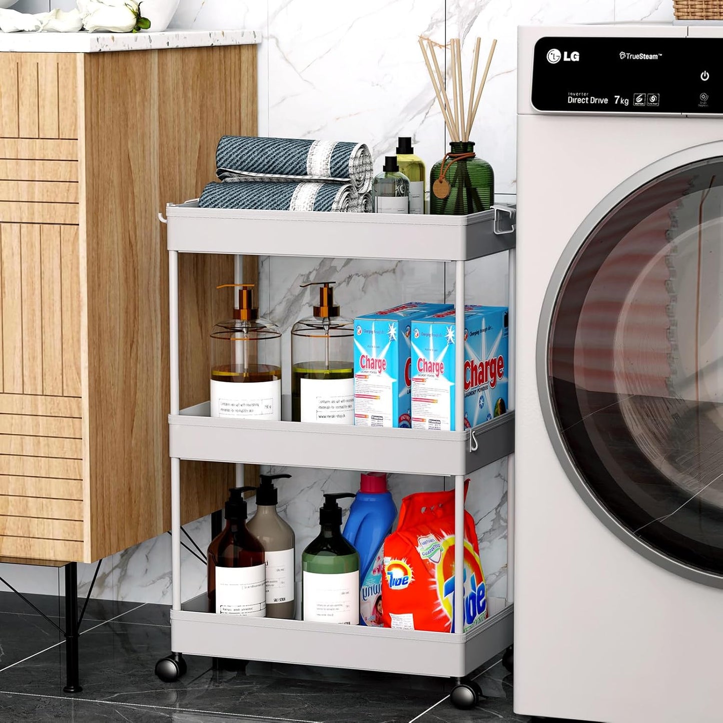 SPACEKEEPER Rolling Storage Cart 3 Tier Bathroom Cart Organizers with Wheels Laundry Room Organization Mobile Shelving Unit Utility Cart Storage Shelves Multi-Functional for Office, Home, Gray
