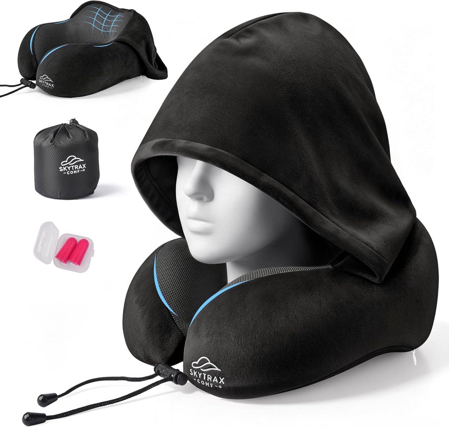 SkytraxComf® Travel Neck Pillow with Hood for Privacy on Long Flights | Memory Foam | Airplane Sleep | Safety-Tested Materials | Extra Large Hood | Chin Support | Earplugs | Washable Cover