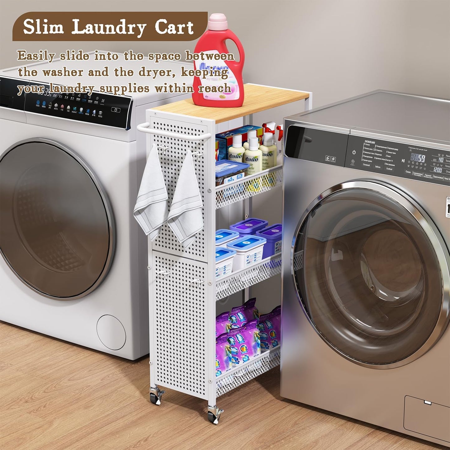 Utility Slim Storage Cart 4 Tier Small Rolling Kitchen Laundry Room Organization Cart with Wood Top Metal Narrow Laundry Room Shelves Cabinet Unit Laundry Organizer Trolley with Handle for Small space
