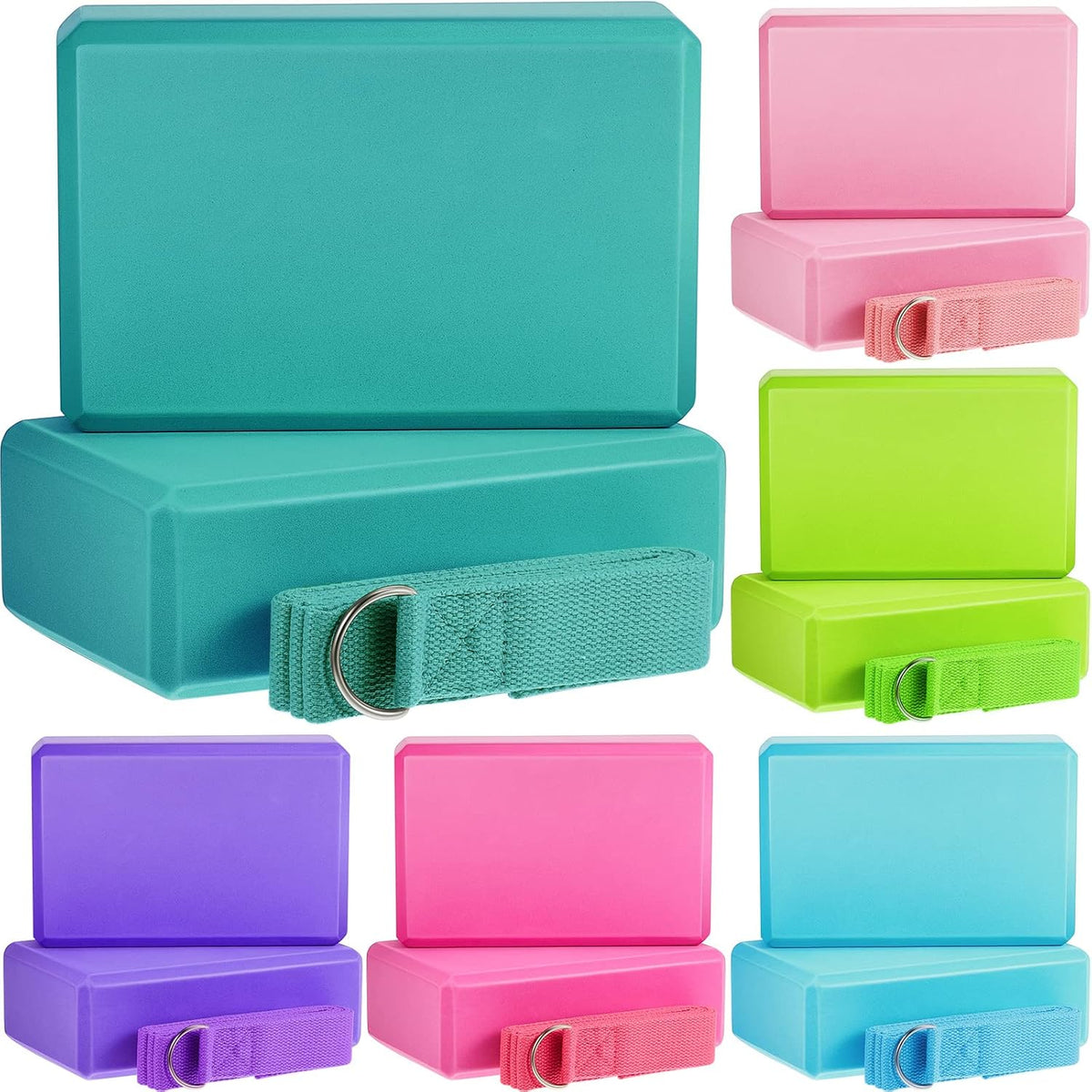 Meooeck 18 Pcs Yoga Blocks and Strap Set Include 12 EVA Foam Yoga Blocks Bulk 9"x6"x3" with 6 Adjustable 8 ft Straps D Ring Non Slip Props for Stretching Pilates Workout Studio Home Gym