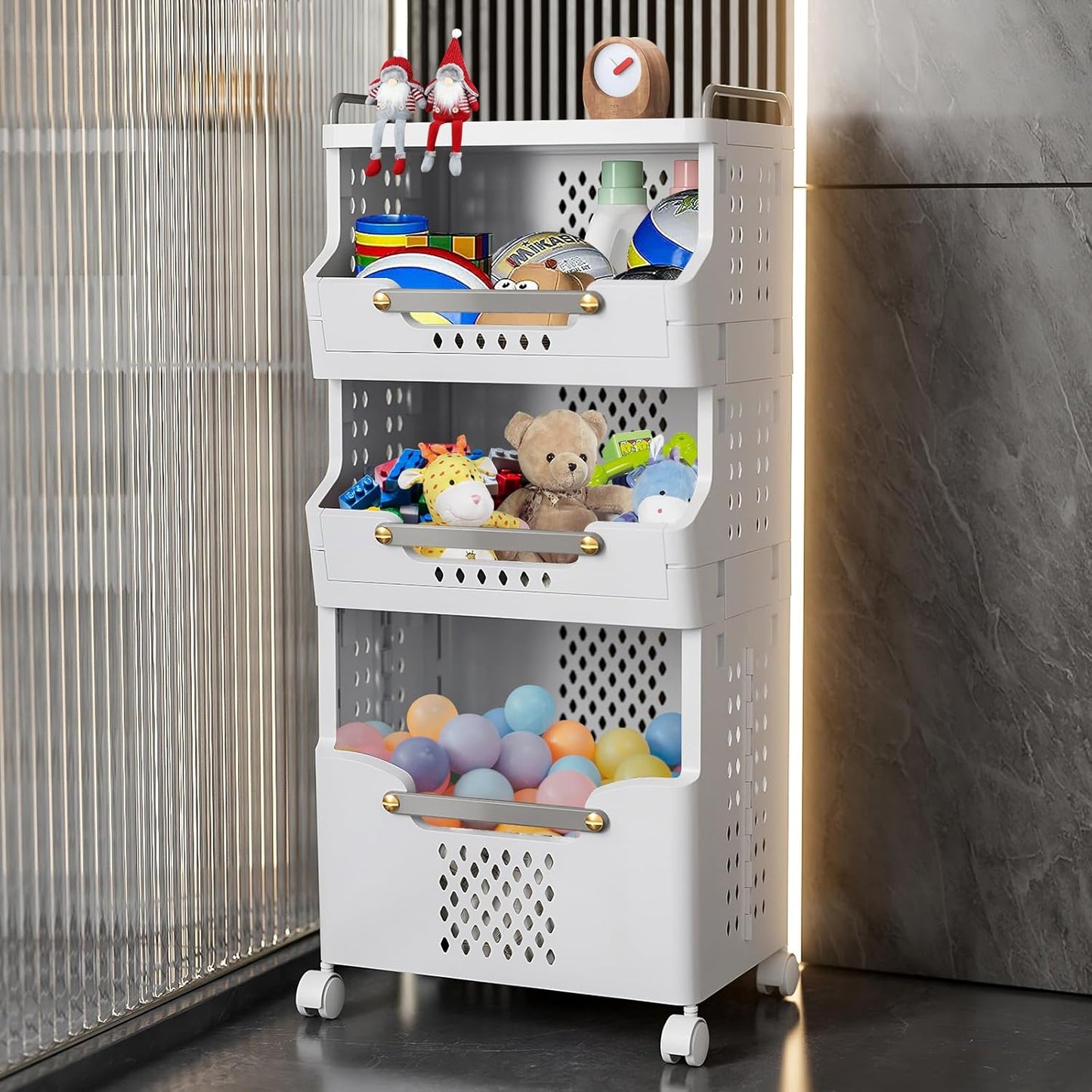 Laundry Basket with Wheels,Rolling Folding Laundry Hamper,utility cart,Kitchen storage Cart,Stackable Storage Bins Open Front,Dirty Clothes Hamper,Plastic laundry room organization
