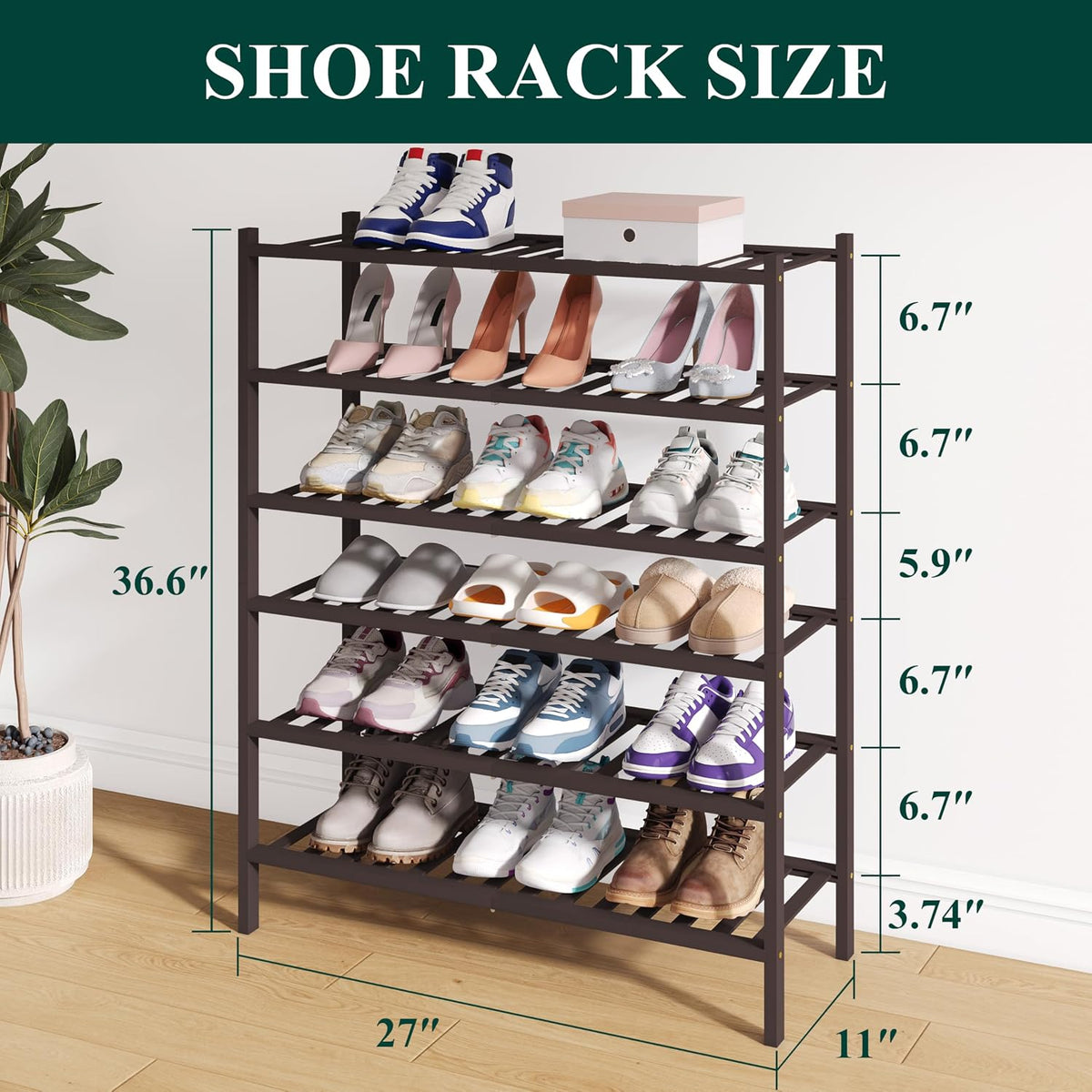 Smiry Bamboo Shoe Rack for Closet, 6 Tier - 26.77" Wide, Brown