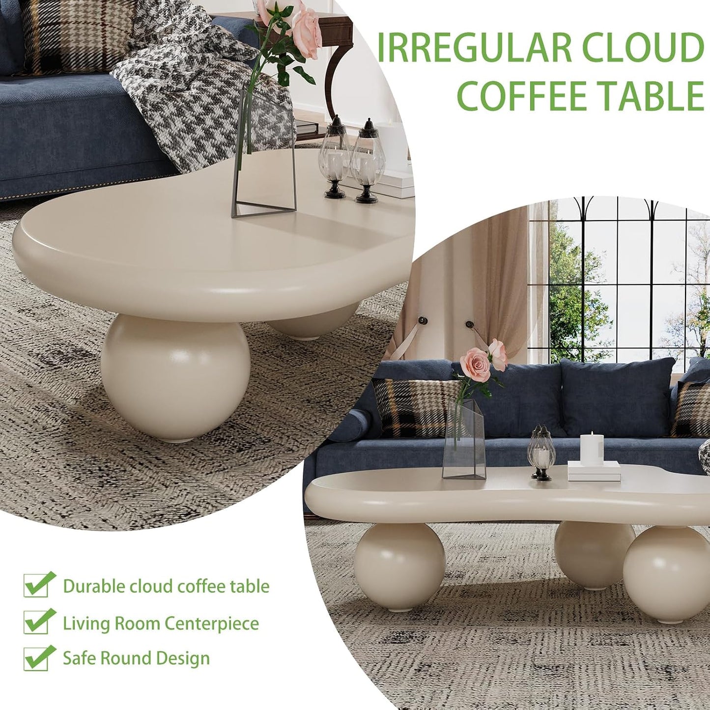 Luxury Cloud Coffee Table (Cloud Brown Cylinder Legs L46.06"W31.1*H15.35) | Irregular Design | Living Room Centerpiece | Holds 330lbs | Stylish & Sturdy