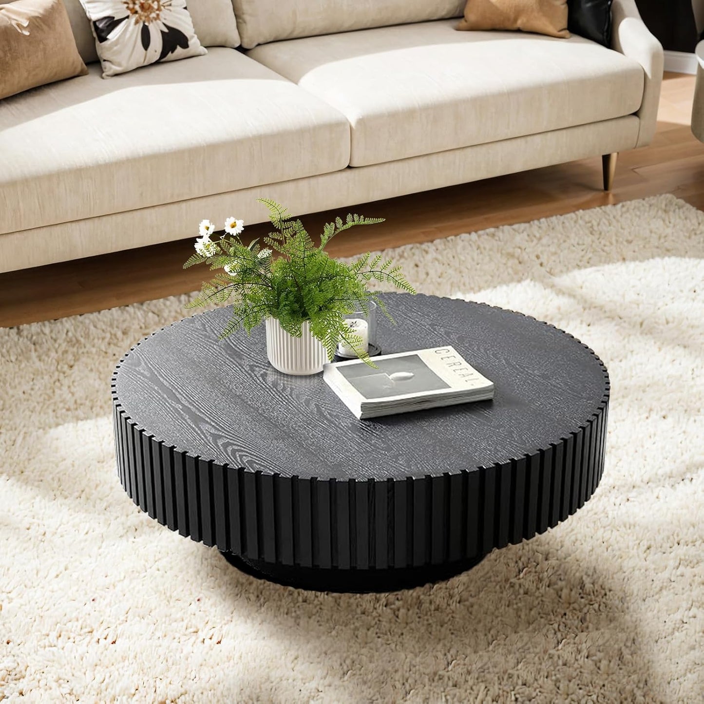 Black Circular Fluted Coffee Table (Round Black 31.5in) | Mid Century Circle Center Tables for Living Room | Chic Round Drum End Table for Small Space | Easy Assembly