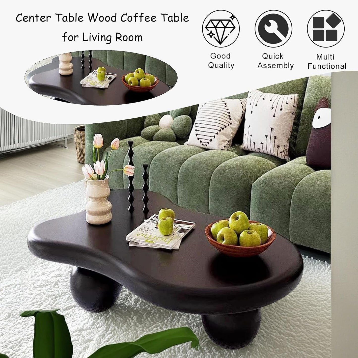 Mid Century Modern Cloud Coffee Table (D47.24in) | Irregular Cute Wooden, Industrial Center Table, Sturdy Legs, For Apartment Living Room