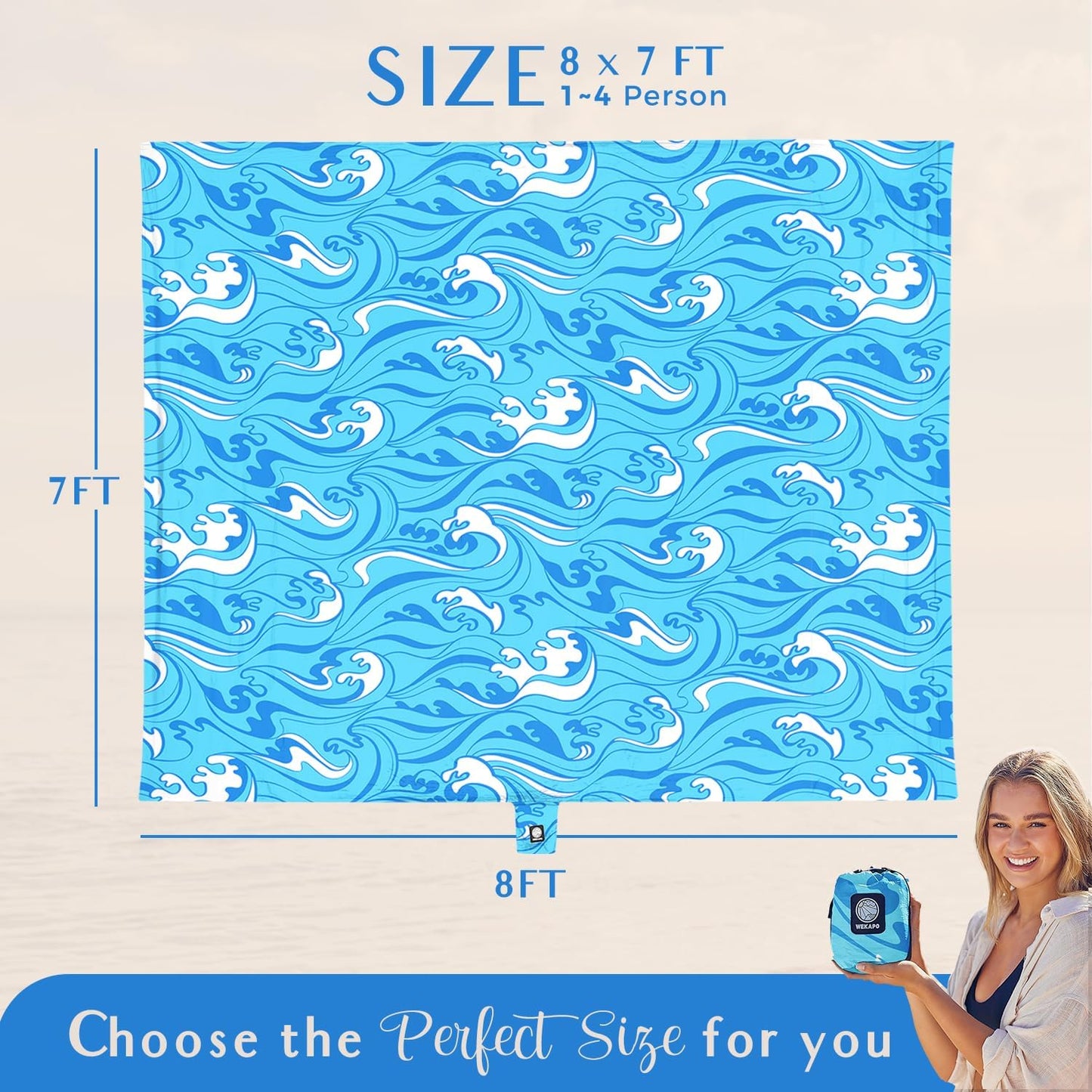 WEKAPO Beach Blanket Waterproof Sandproof Oversized Extra Large Sand Free Beach Mat with Stakes, Storage Bag - Essentials for Outdoor Beach, Picnic (Blue Ocean Waves, 8 X 7 FT (1~4 Person))