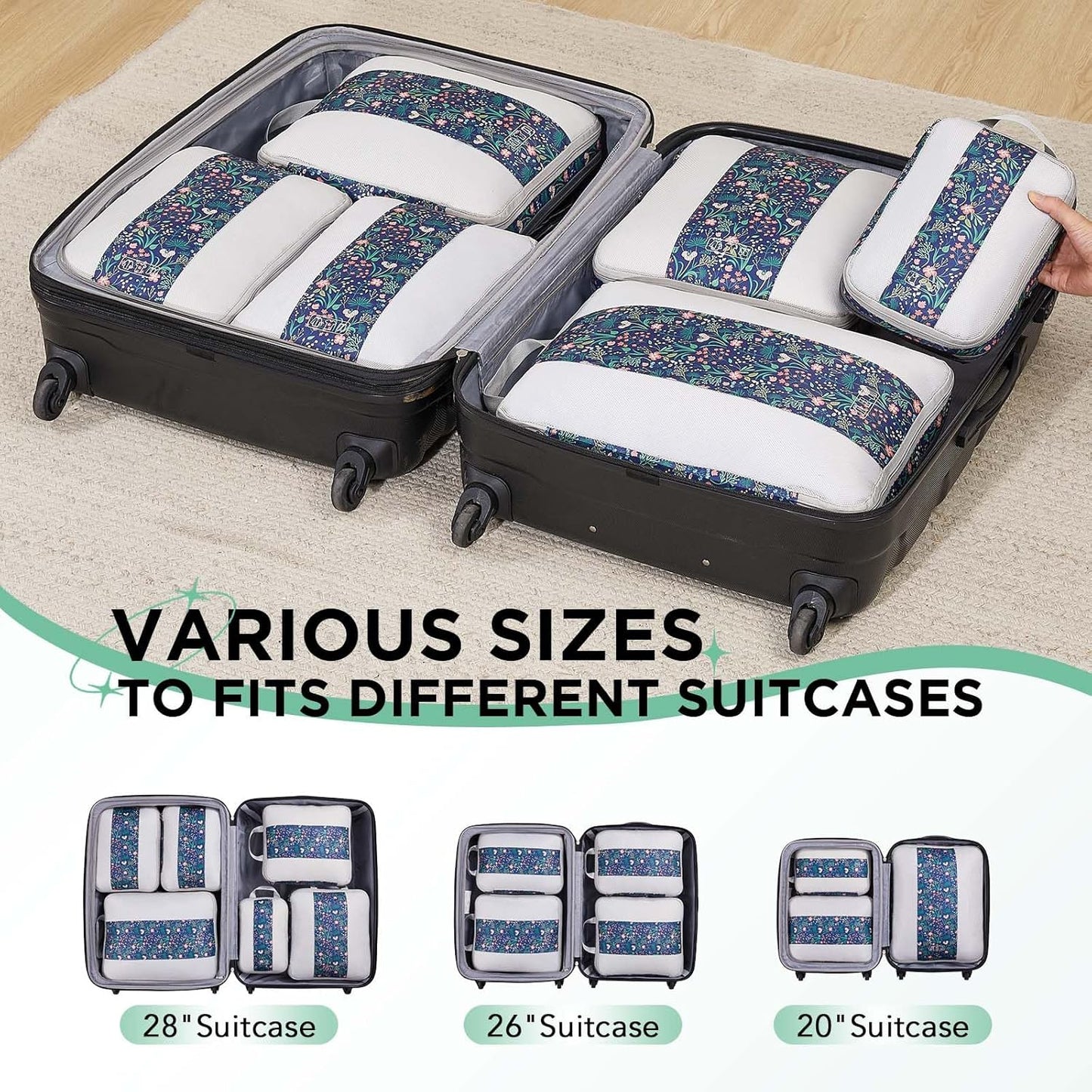 6 Set Compression Packing Cubes for Travel Essentials,Compressible Expandable Packing Cubes for Suitcase,OlarHike Luggage Garment Bags for Travel,Handy Helper for Organizing Clothes(Dark Blue Floral)