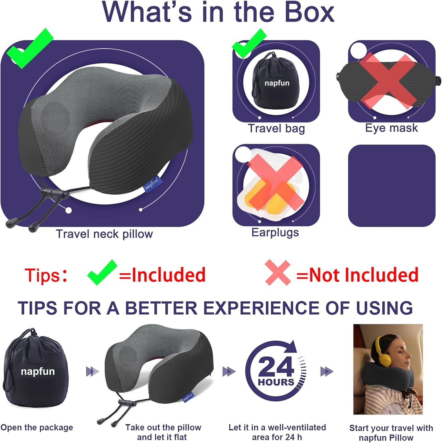 napfun Neck Pillow for Traveling, Upgraded Travel Neck Pillow for Airplane 100% Pure Memory Foam Travel Pillow for Flight Headrest Sleep, Portable Plane Accessories, Charcoal Black