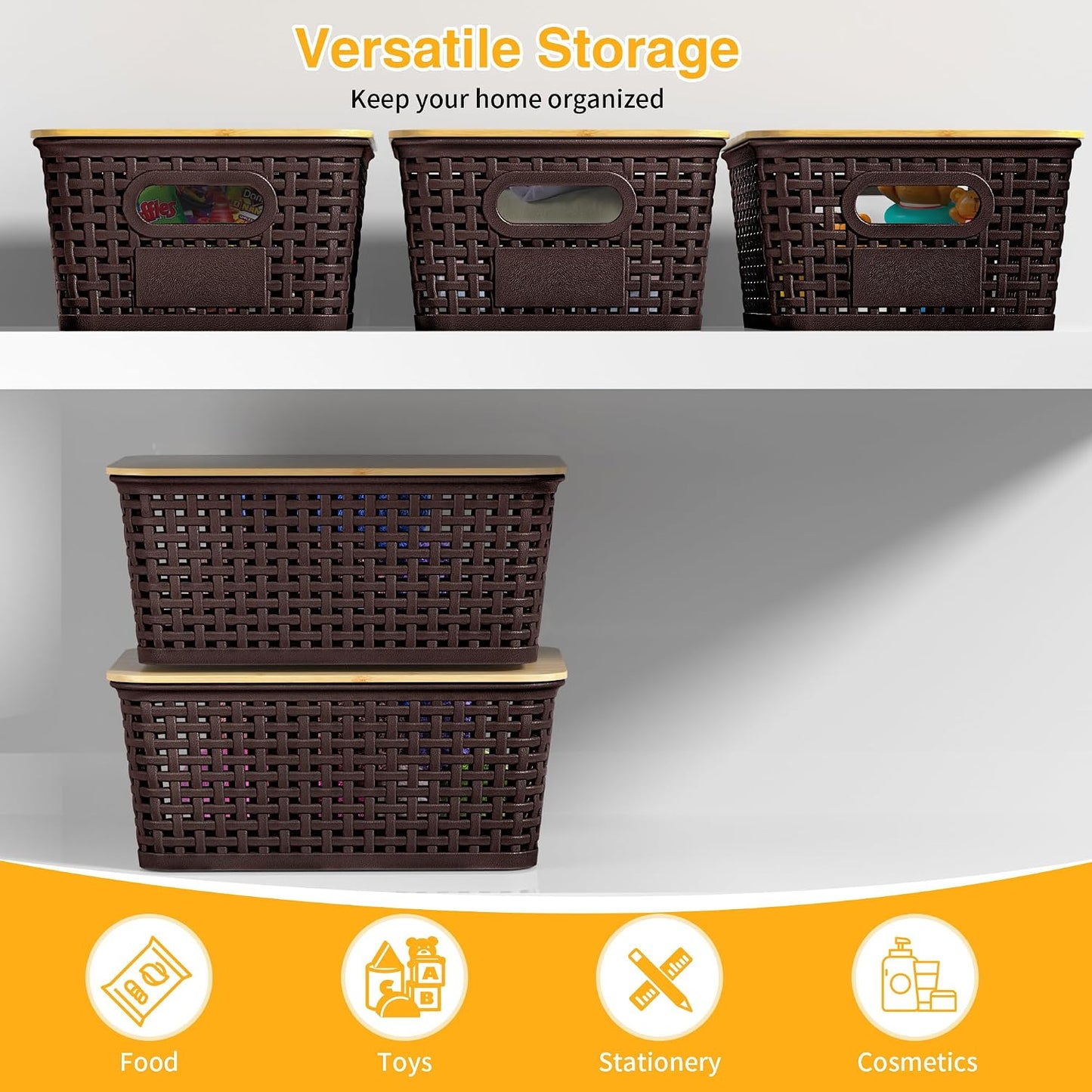 6 Pack Plastic Storage Baskets,Brown bamboo lid storage Box