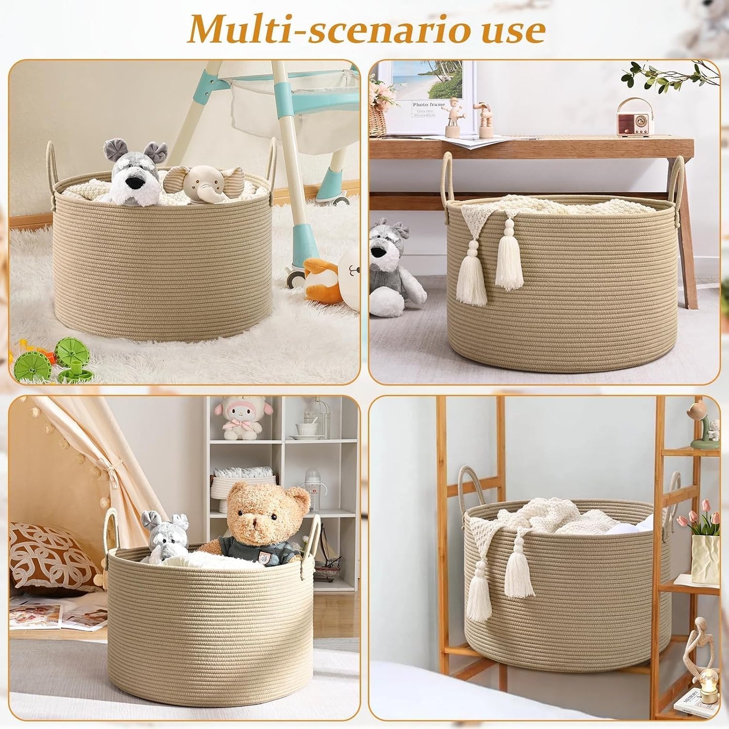 67L Large Woven Blanket Basket, Cotton Rope Baby Laundry Hamper with Handles, Kids Toy Basket for Classroom & Nursery, Soft Round Stuffed Animal Storage, Dog Toy Bin - 20"x13", Brown