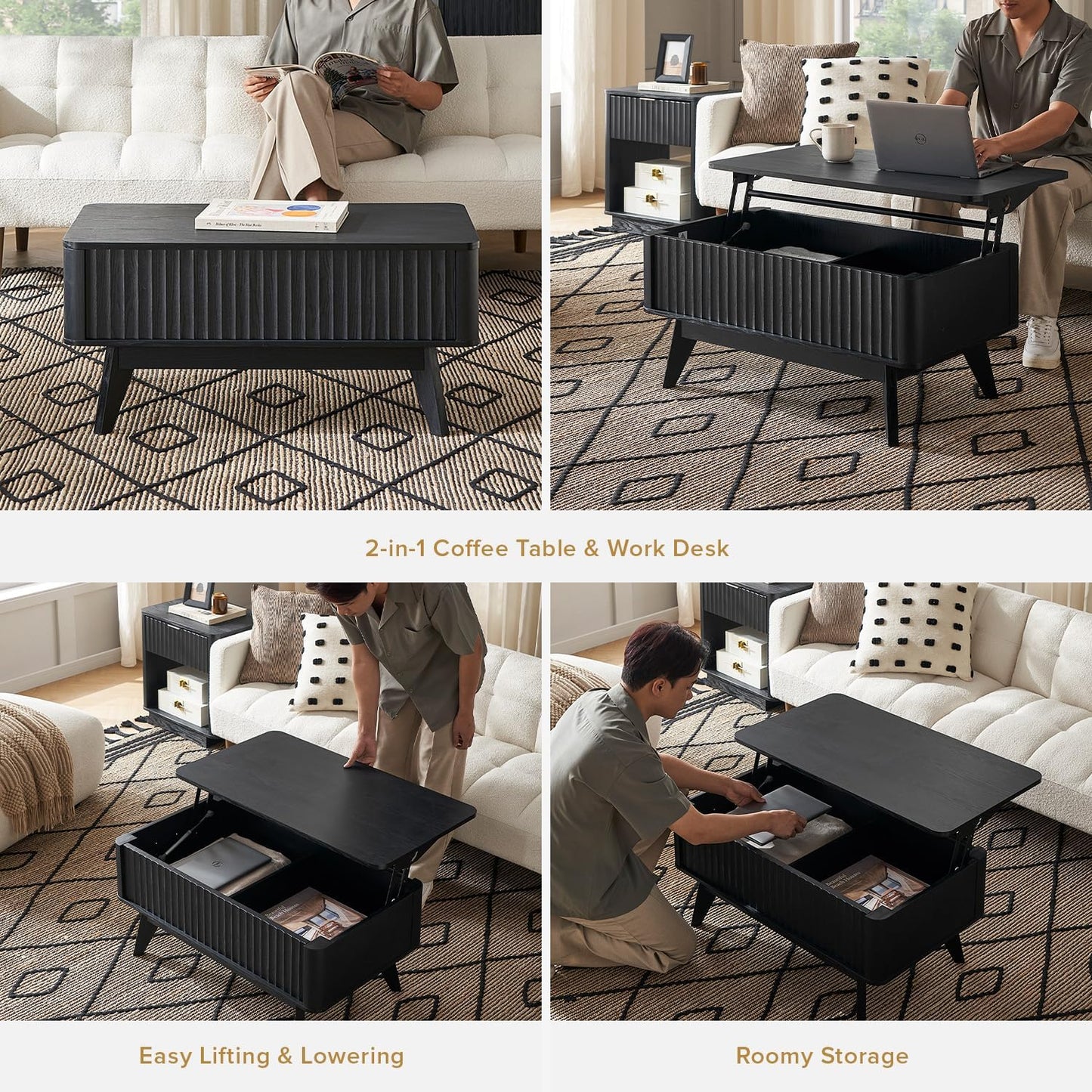 mopio Brooklyn Lift Top Coffee Table for Living Room, Mid Century, Modern Farmhouse with Lifting Tabletop & Hidden Storage, Fluted Panel, Rising Pull Up Dining Table (Black Oak)