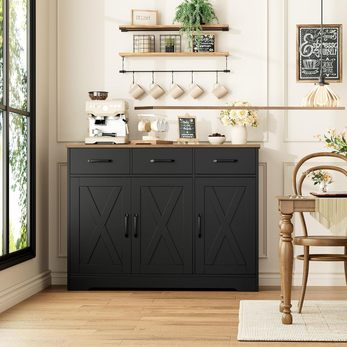 HOSTACK Kitchen Buffet Cabinet with Storage, Sideboard Coffee Bar, Black | Farmhouse Kitchen Storage Cabinet with 3 Drawers & Adjustable Shelf & Doors, 42.5"W Buffet Table for Dining Living Room