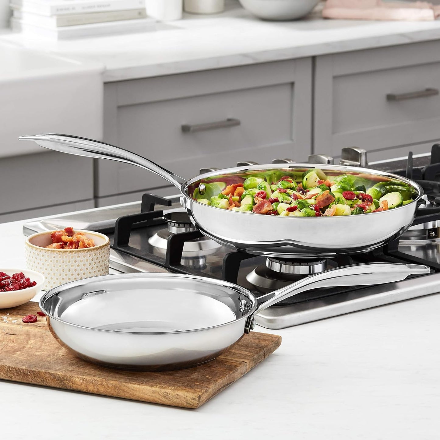 Amazon Basics Stainless Steel Frying Pan Set, Induction Compatible Skillet, Oven Safe, Heat Distributes Evenly, 8-Inch & 10-Inch, 2-Piece