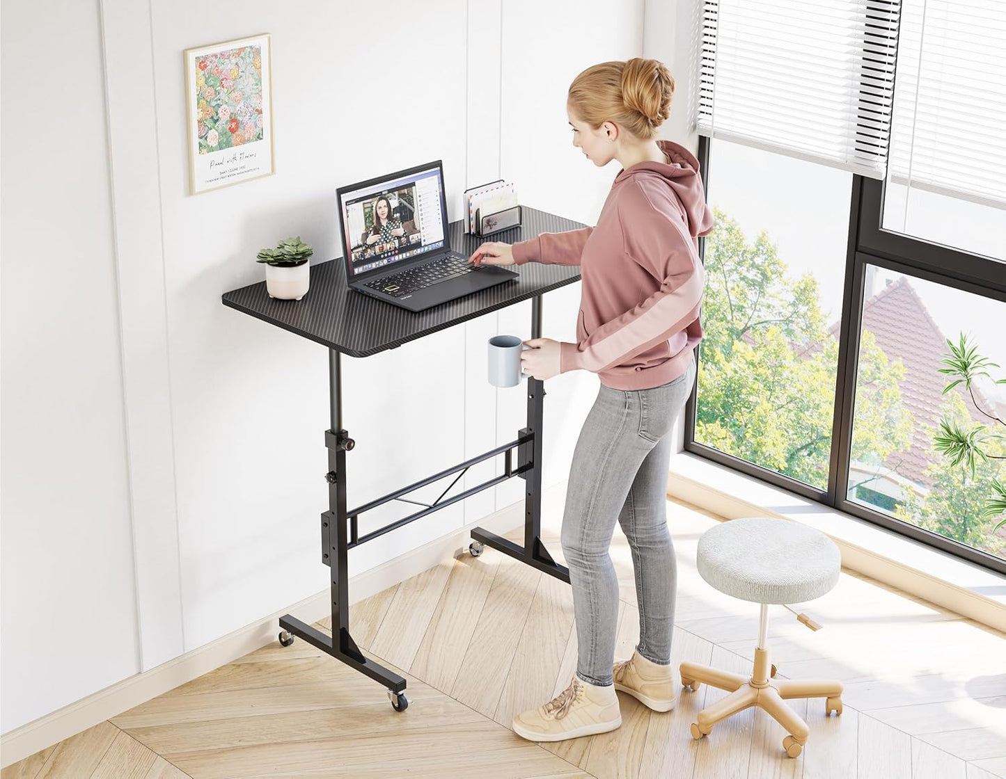 HOMIDEC Standing Desk, 32 Inch Portable Small Desk Adjustable Height, Rolling Home Office Desks with Wheels, Sit Stand Desk for Bedroom Walking Pad Home Office Small Space, Black