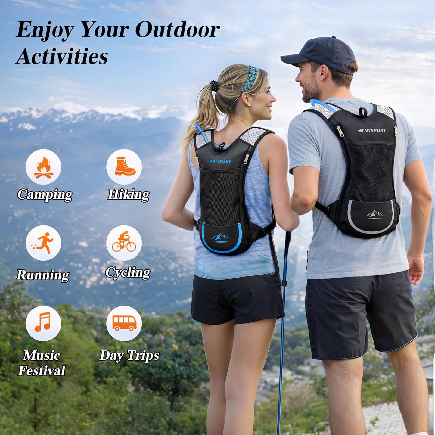 2 Pack Hydration Backpack Pack with 2L Hydration Bladder, TNYSPORT Lightweight Breathable Water Backpack with 3 Layer Pockets, Reinforced Shoulder Straps for Hiking Running Cycling
