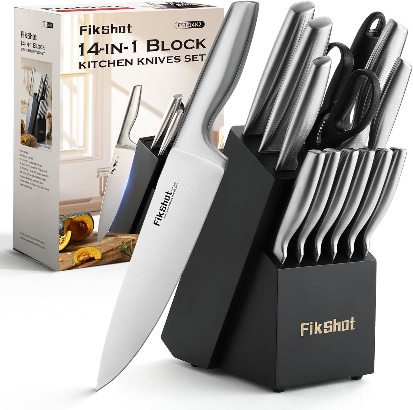 FIKSHOT Kitchen Knife Set, German Stainless Steel kitchen knives – Includes Knife Block Set & Sharpener, High Carbon, Rust-Resistant, Ergonomic Handle for Cooking, Grilling & Gifting