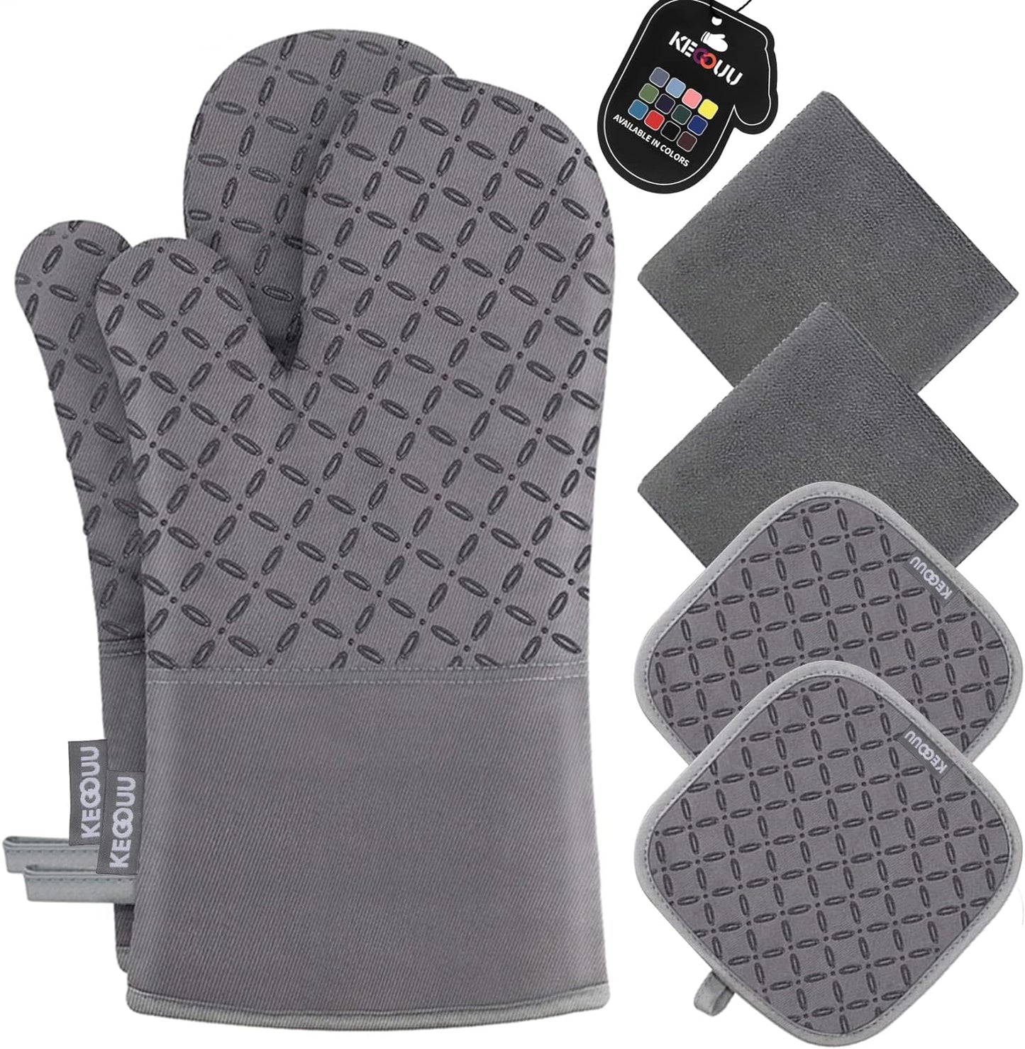KEGOUU Oven Mitts and Pot Holders 6pcs Set, Kitchen Oven Glove High Heat Resistant 500 Degree Extra Long Oven Mitts and Potholder with Non-Slip Silicone Surface for Cooking （Greenish Gary）
