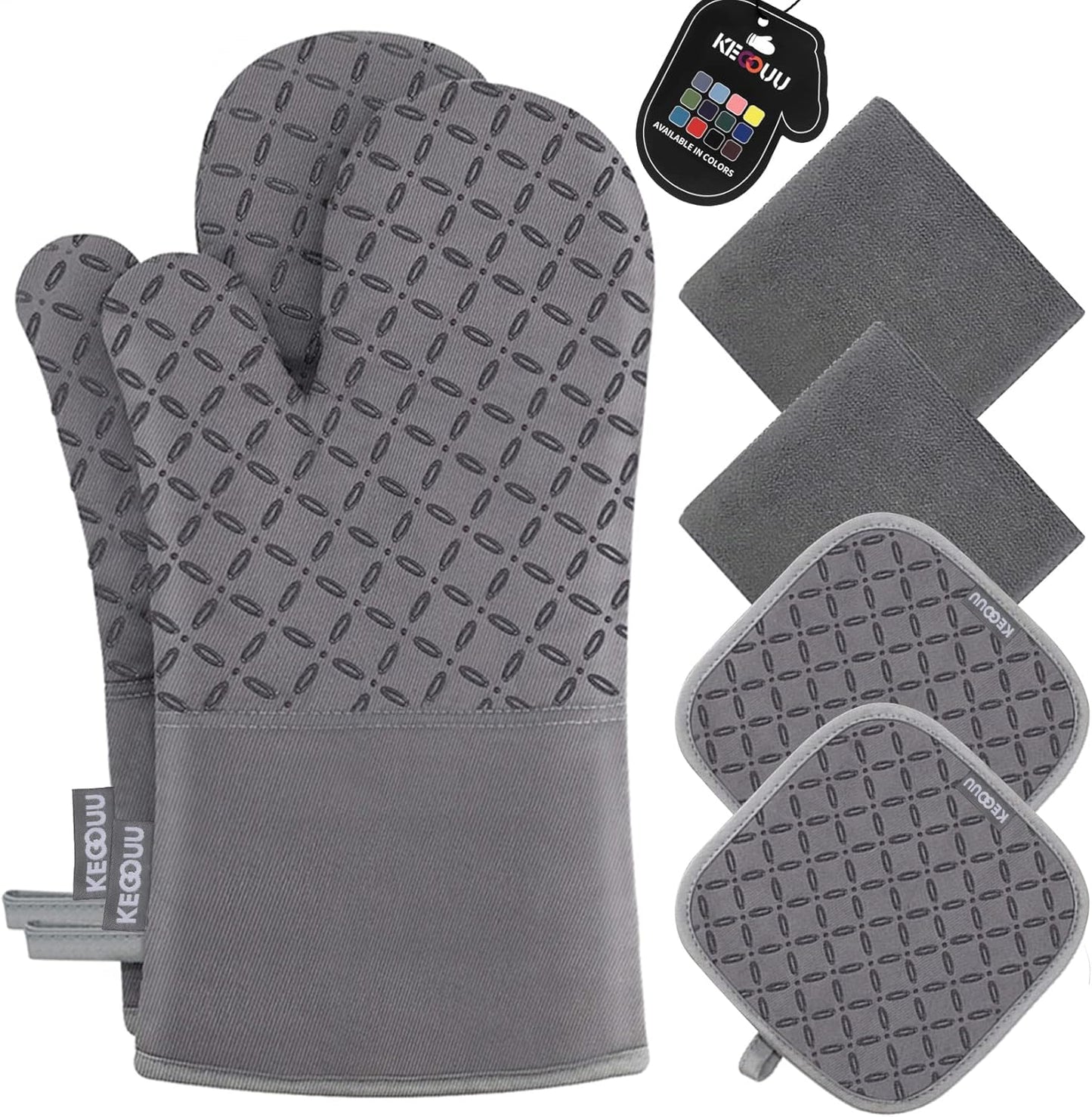 KEGOUU Oven Mitts and Pot Holders 6pcs Set, Kitchen Oven Glove High Heat Resistant 500 Degree Extra Long Oven Mitts and Potholder with Non-Slip Silicone Surface for Cooking (Beige)