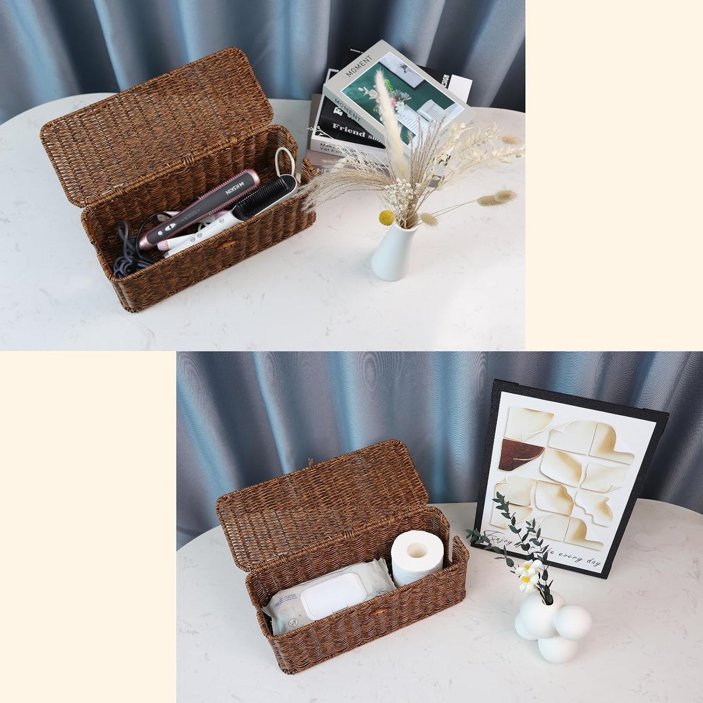 Cable Management Box, Cord Organizer with Lid & Cable Ties - Brown, L | Handmade Open Slots Cord Hider Outlet Covers for Power Strip TV PC Router Charger Under Desk Storage