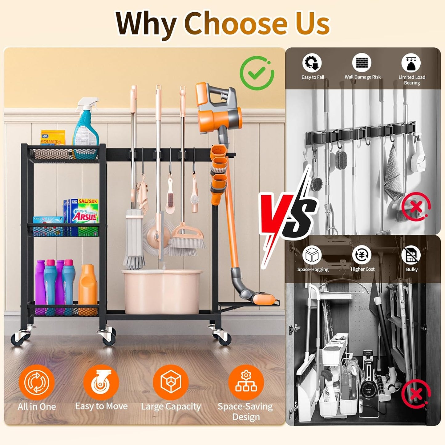 Broom Holder with Cleaning Supplies Organizer Load 350 LBS Cleaning Cart with Wheels Broom Closet Storage with 3-Tier Shelves, 6 Mop Hanger Grippers, 3 Double-Hooks, Vacuum Stand for Laundry Garage