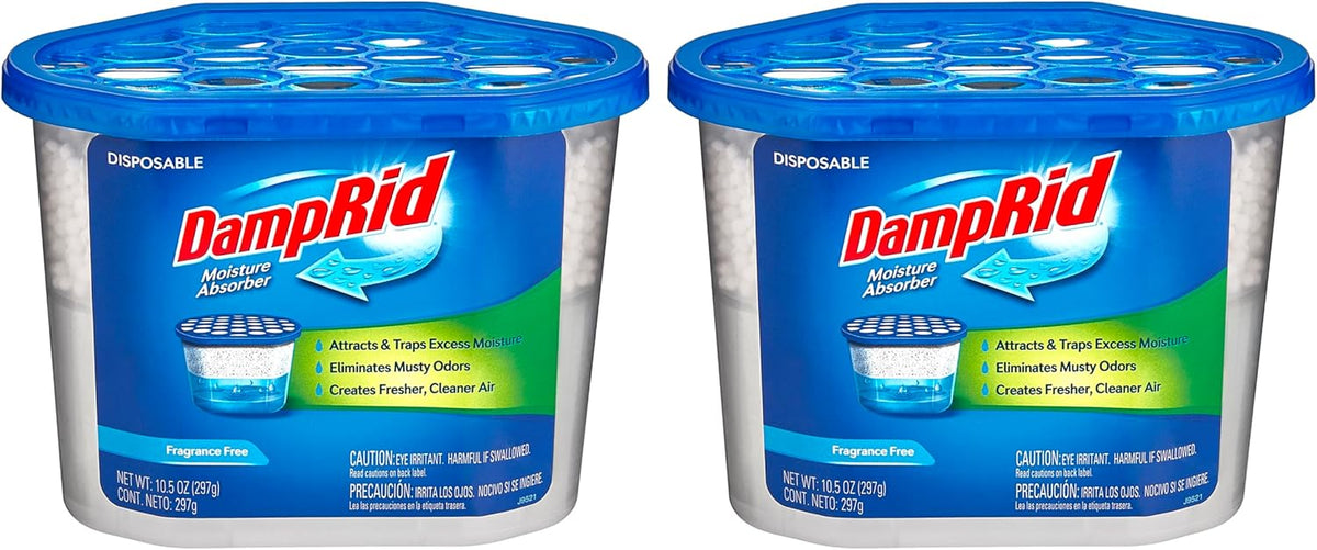 Damp Rid Moisture Absorber – Fragrance Free Odor Eliminator & Humidity Absorber for Closet, Bathroom & Basement, 2 Pack 10.5 oz Disposable Buckets– Ilios Packaging