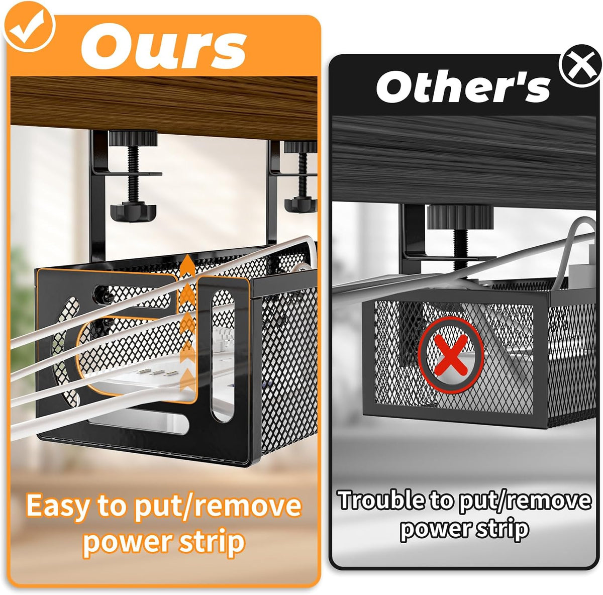 Under Desk Cable Management Tray, 15.7'' No Drill Steel Desk Cable Organizers, Wire Management Tray Cable Management Rack (1 Pack-Black)
