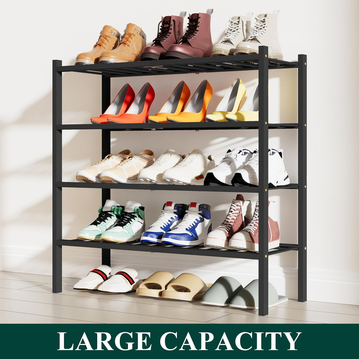 Smiry Bamboo Shoe Rack, 12 Vertical Slats, 4 Tier - 26.8" Wide, Black