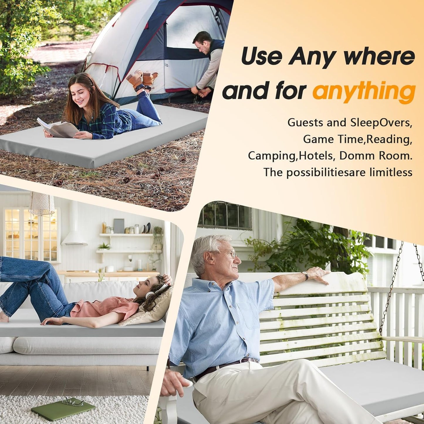 CYMULA Camping Cot Pad 2 Inch Memory Foam, Camping Pad for Folding Cot and Foldable Cot, Portable Roll Up Camp Gear for Car Camping Travel Tent, Non-Slip Waterproof Bottom, Removable Cover, Pad Only