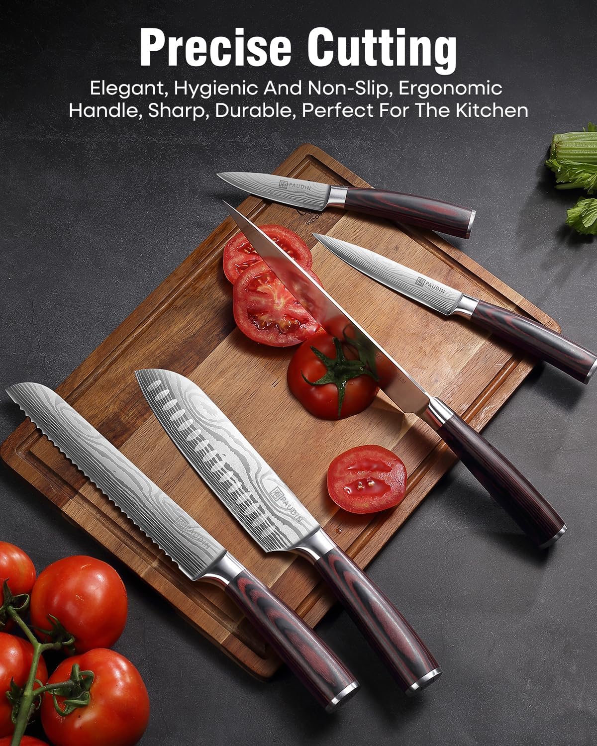 PAUDIN Knife Set, 5PCS Kitchen Knife Set without Block, Stainless Steel Chef Knife Set with Pakkawood Handle, Professional Kitchen Gift Sets for Cooking Lovers & Farther's Day