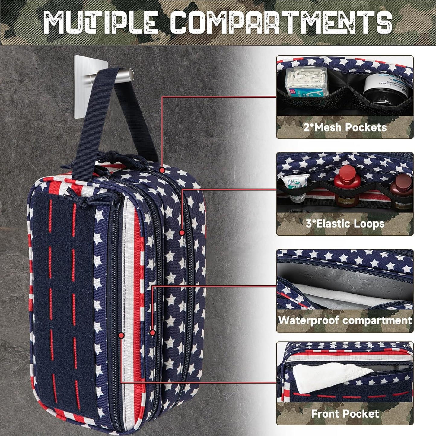 QT&QY Tactical Toiletry Bag For Men Hygiene Bag EDC Military Tool Molle Pouches Small Dopp Kit Mens Shaving Kit Travel shower Bags Star-Spangled