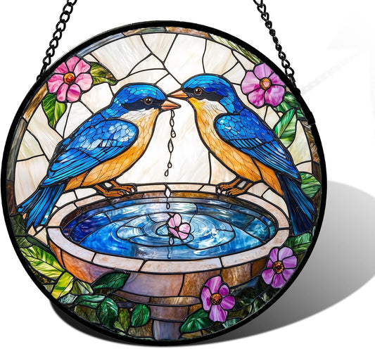 2 Blue Birds Stained Glass Window Hanging Suncatcher Gifts for Women 7.8"