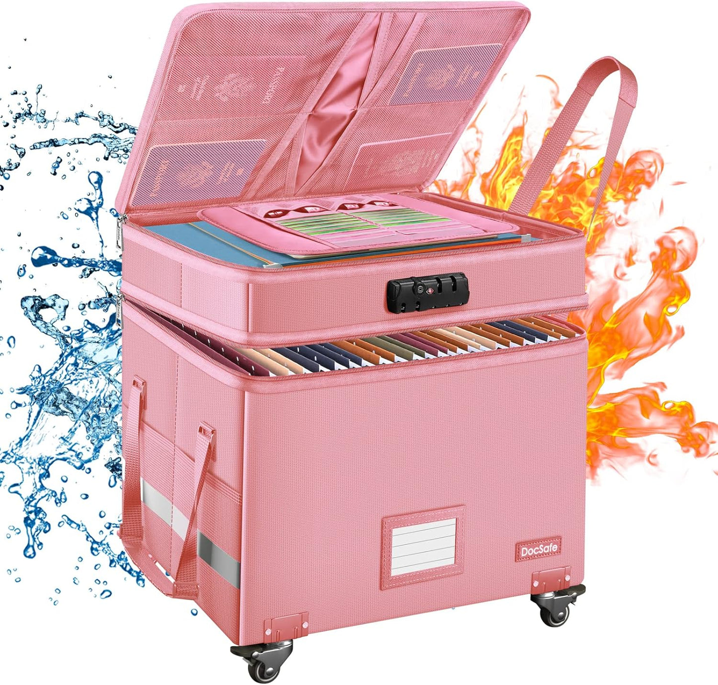 DocSafe File Box with Lock,2-Layer Fireproof Document Box with Wheels,Collapsible Rolling File Storage Organizer with Pockets,Large Portable Home Office Filing Cabinet Safe for Hanging Folders,Pink