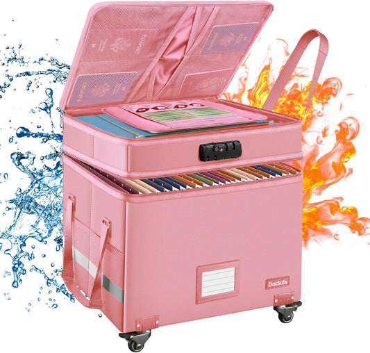DocSafe File Box with Lock,2-Layer Fireproof Document Box with Wheels,Collapsible Rolling File Storage Organizer with Pockets,Large Portable Home Office Filing Cabinet Safe for Hanging Folders,Pink