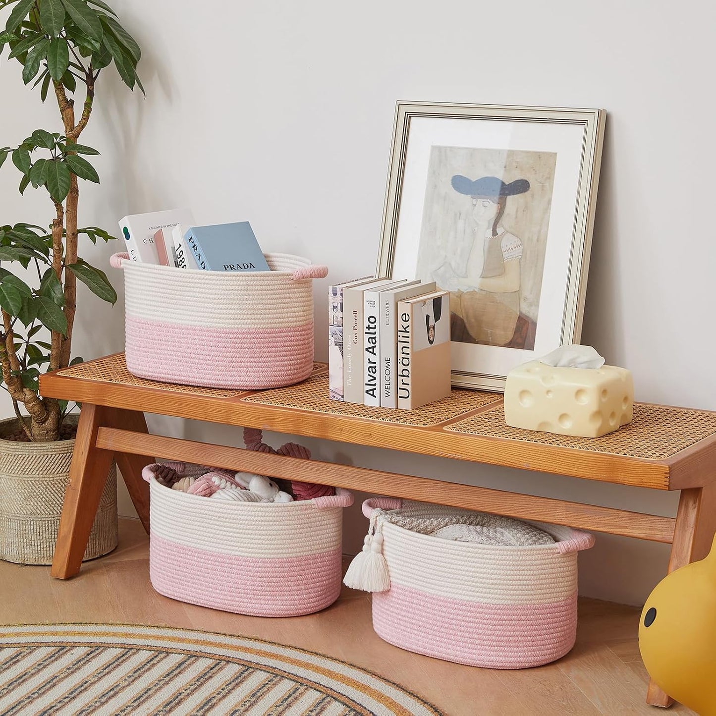 R RUNKA Storage Baskets for Organizing | 15"x10.2"x9.1" - 1 Pack Nursery Bin with Handles - Woven Cotton Rope Baskets for Dog Toys, Books, Shelf, Bathroom,Closet -Pink Basket for Girls