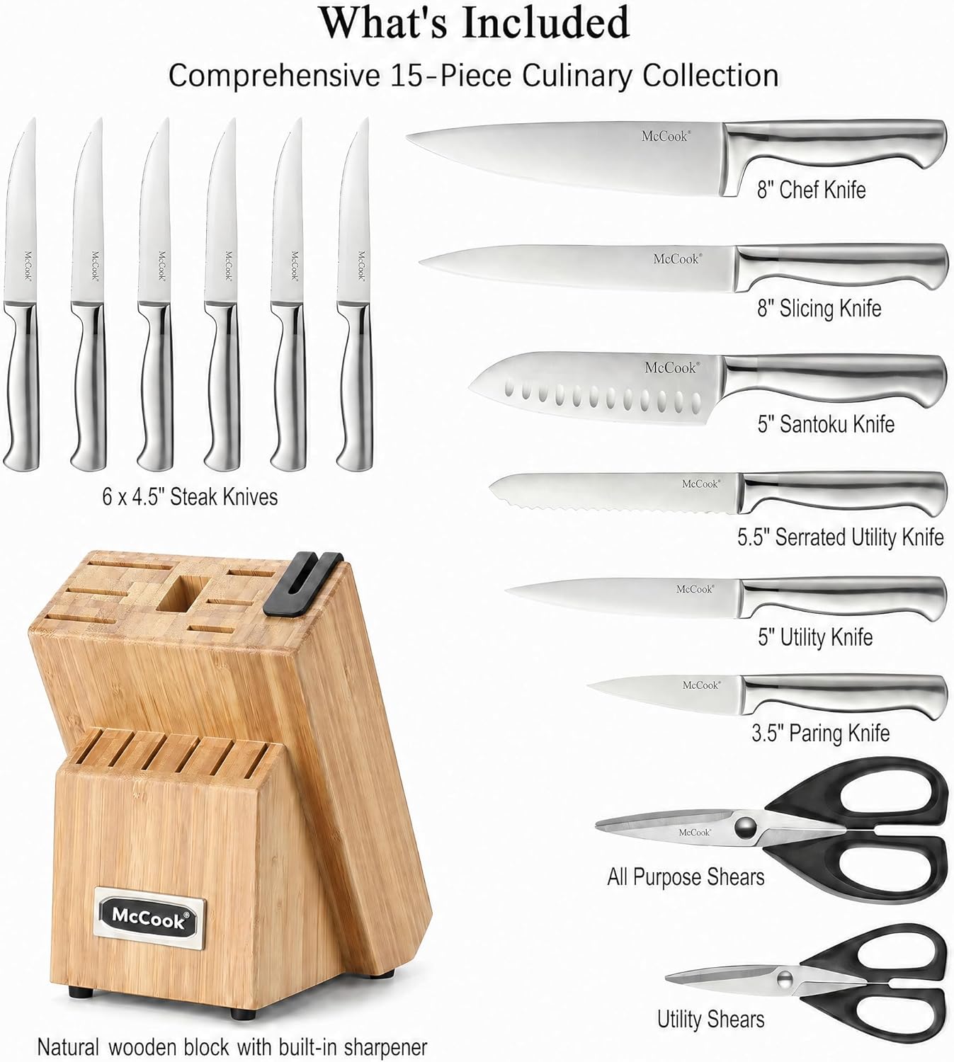 McCook® Knife Sets,German Stainless Steel Knife Block Sets with Built-in Sharpener, 15 Piece Chef Knife and More, Razor Sharp, Restaurant Grade, Anti-Rust, Elegant Box for Gift