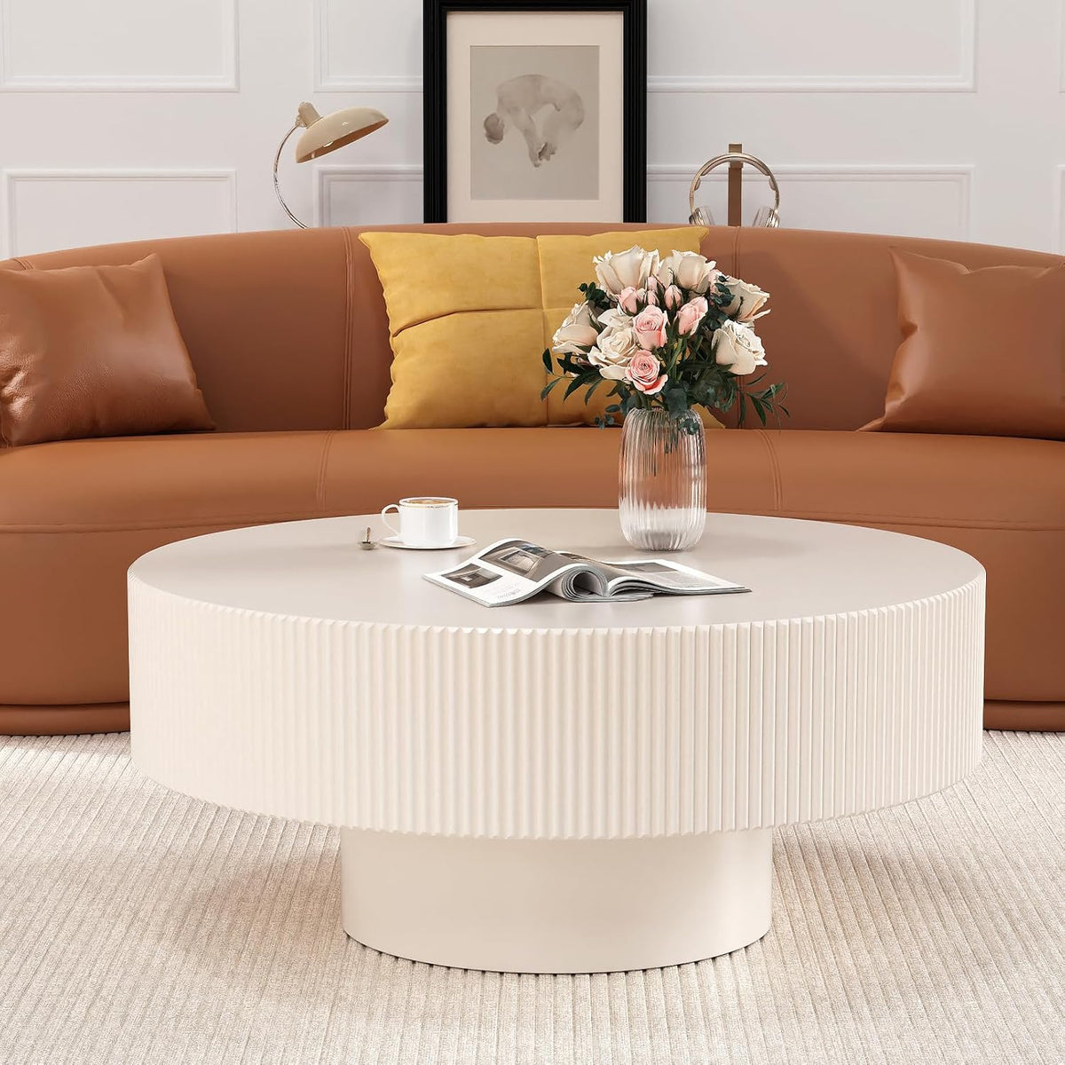 31'' Cream White Round Drum Coffee Table