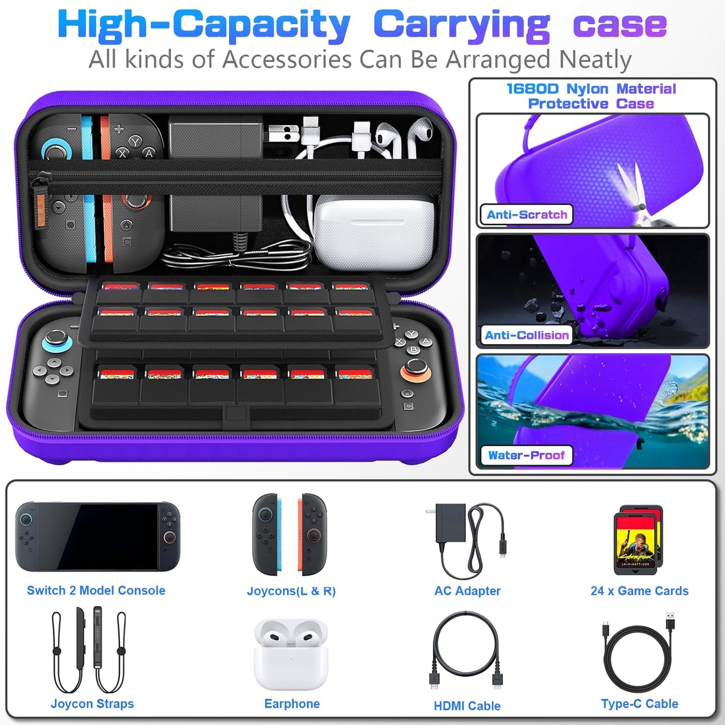 daydayup Switch Carrying Case Compatible with Nintendo Switch 2, with 24 Games Cartridges Protective Hard Shell Travel Carrying Pouch DS Case Purple