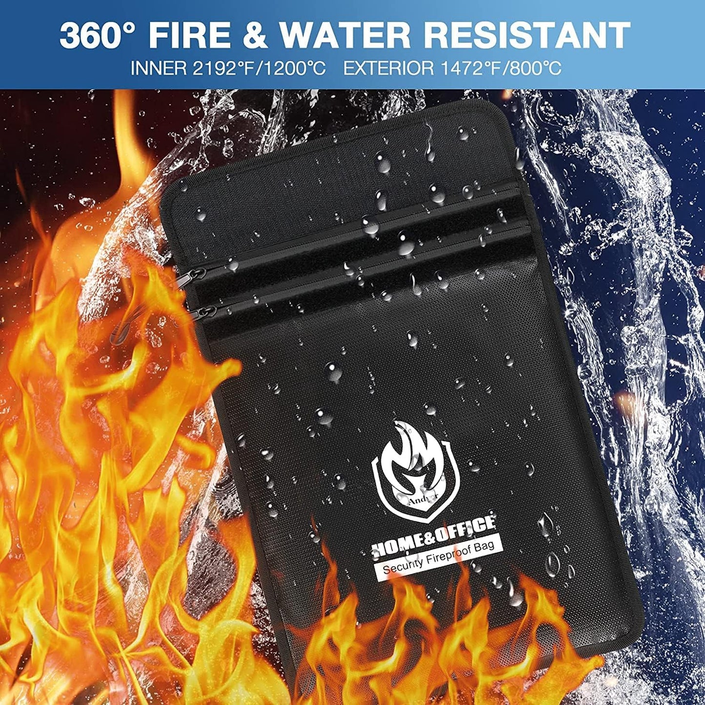 Upgraded Two Pockets Fireproof Document Bag (2000℉), andyer 15”x 11”Waterproof Fireproof Money Bag with Zipper, Waterproof Holder Pouch Fire Safe Envelope for Valuables, Legal Documents (Jet Black)